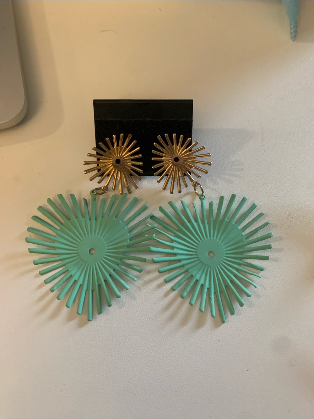 Mint Green and Gold Metal Heart Earrings